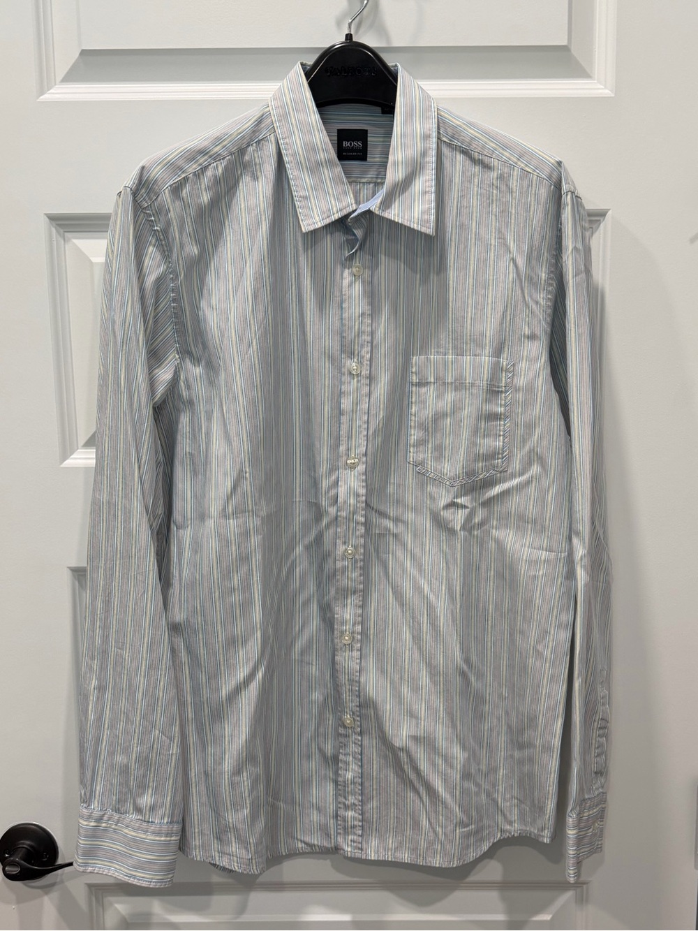 Hugo Boss Men’s Light Blue and White Pinstripe Dress Shirt